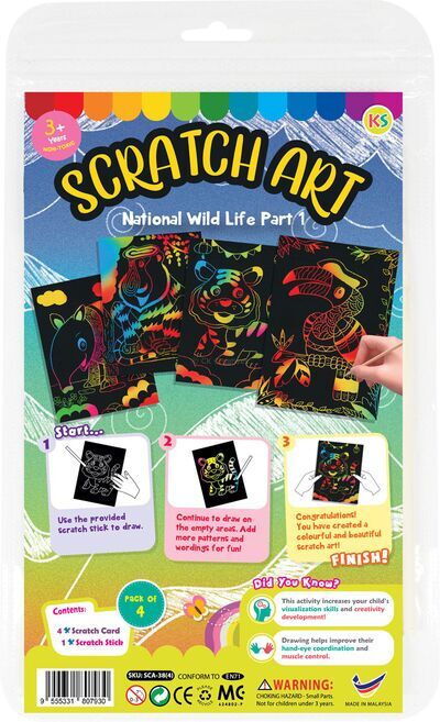 Scratch Art National Wild Life Part 1 - Hornbill, Malayan Tiger, Proboscis Monkey, Tapir